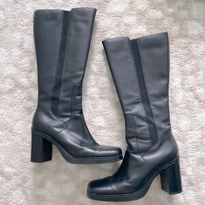 Tommy Hilfiger Square Toe Black Leather Chunky Heel Boots Size 7 1/2 7.5 Y2K